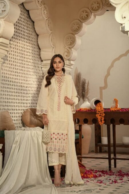 Cream Color Semi Stitched Luxury Lawn Pakistani Salwar Kameez