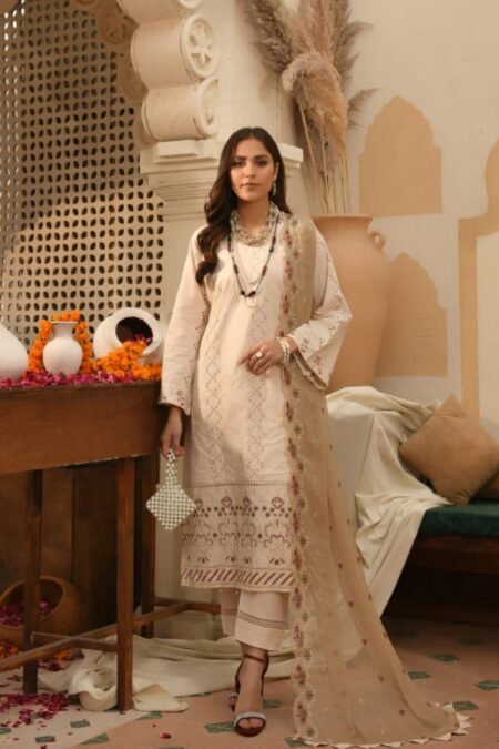 Cream Color Semi Stitched Luxury Lawn Pakistani Dresses