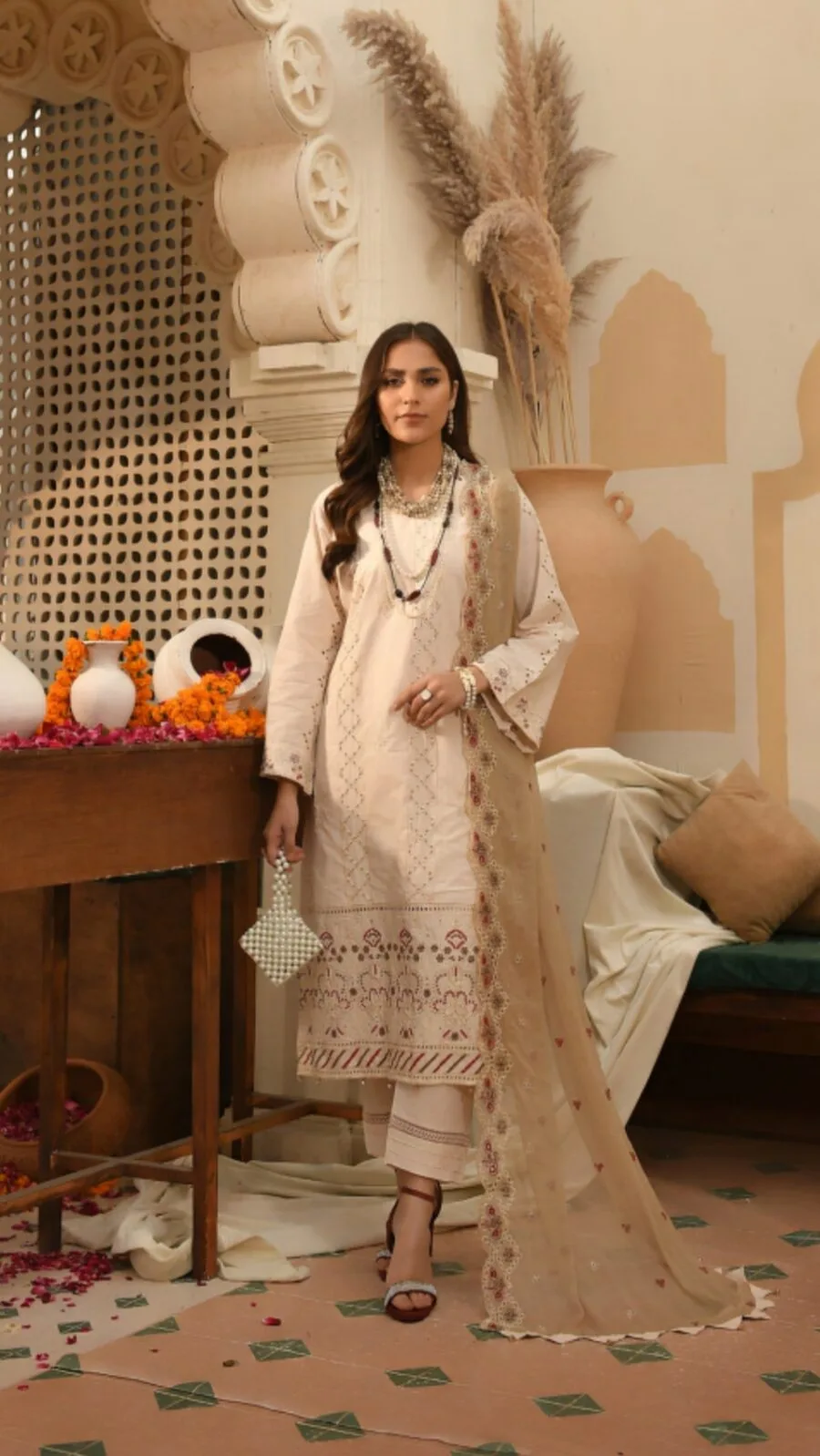 Cream Color Semi Stitched Luxury Lawn Pakistani Dresses
