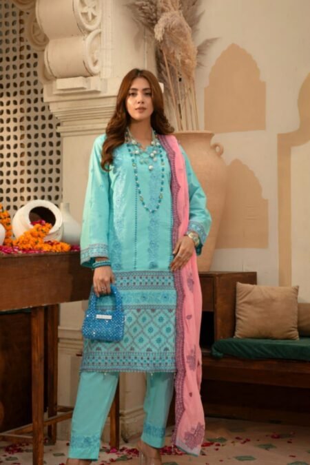 Sky Blue Color Semi Stitched Luxury Lawn Pakistani Dresses