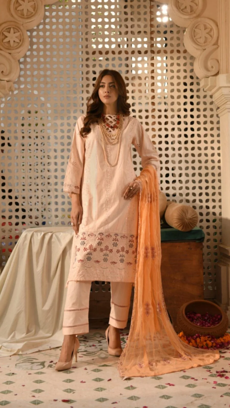 Peach Color Semi Stitched Luxury Lawn Pakistani Suits