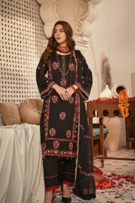 Black Color Semi Stitched Luxury Lawn Pakistani Suits