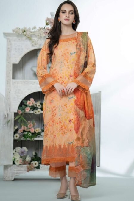 Orange Color Embroidered Lawn Pakistani Dresses