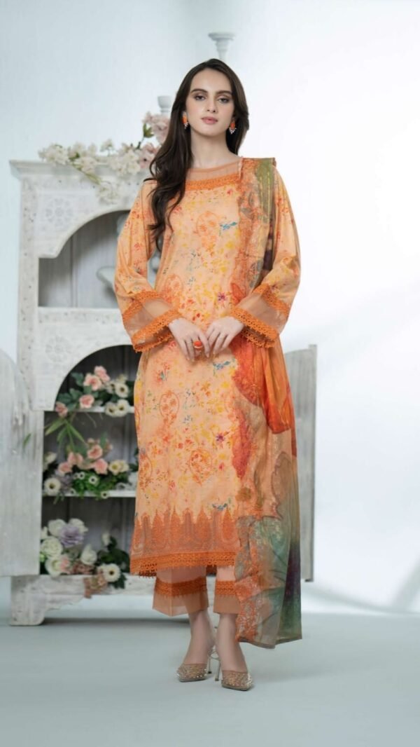 Orange Color Embroidered Lawn Pakistani Dresses