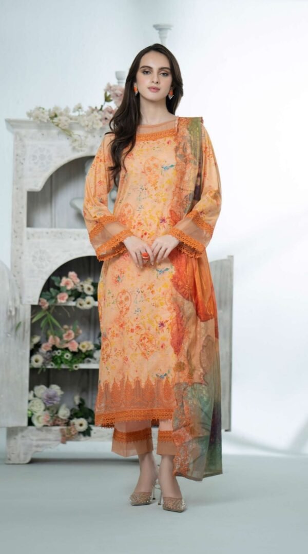 Orange Color Embroidered Lawn Pakistani Dresses