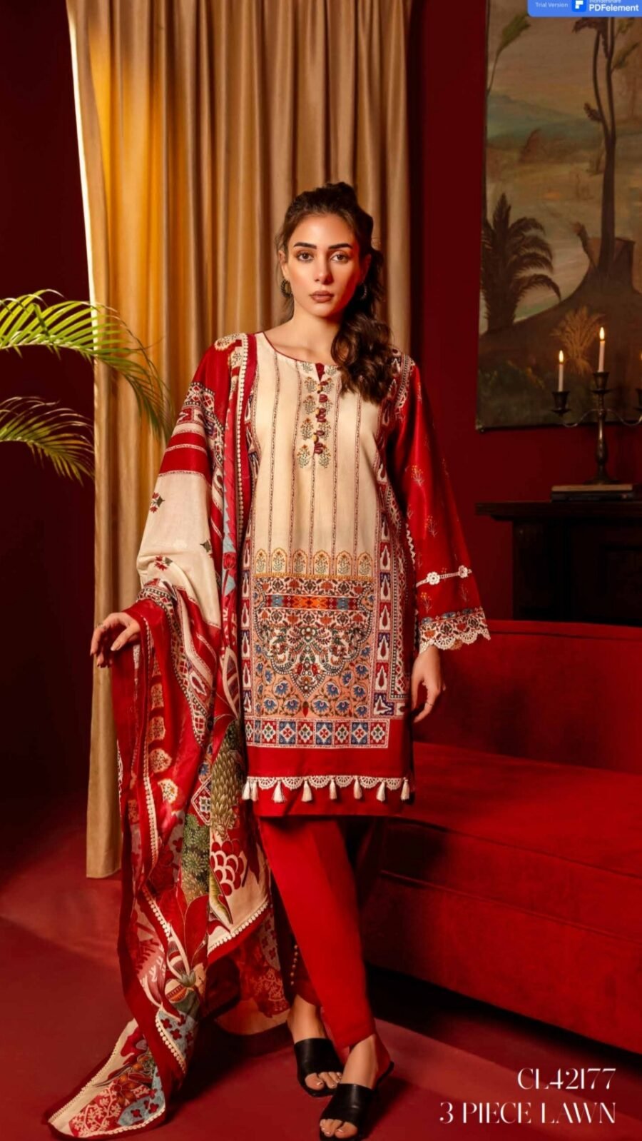 Red & Bolds Lawn Pakistani Dresses By Gul Ahmed - D05