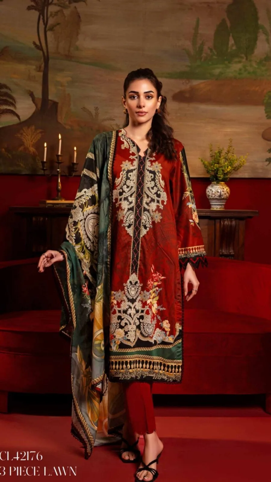 Red & Bolds Lawn Pakistani Dresses By Gul Ahmed - D06