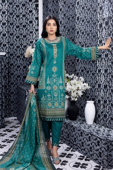 Green Color Pakistani Suits with Printed Lawn Dupatta