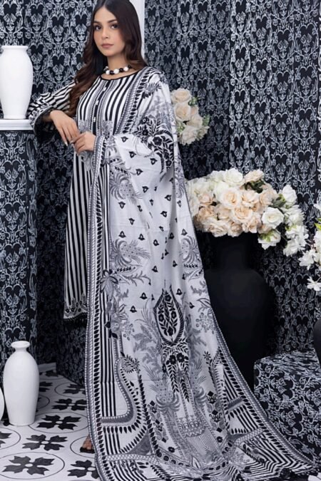 Black & White Color Pakistani Suits with Printed Lawn Dupatta