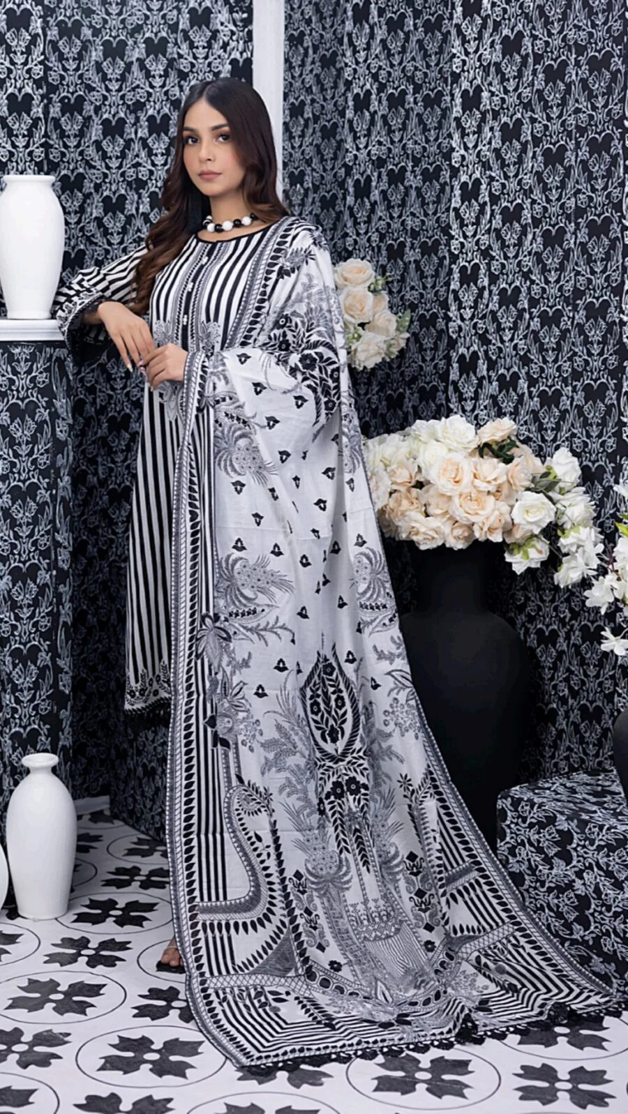 Black & White Color Pakistani Suits with Printed Lawn Dupatta