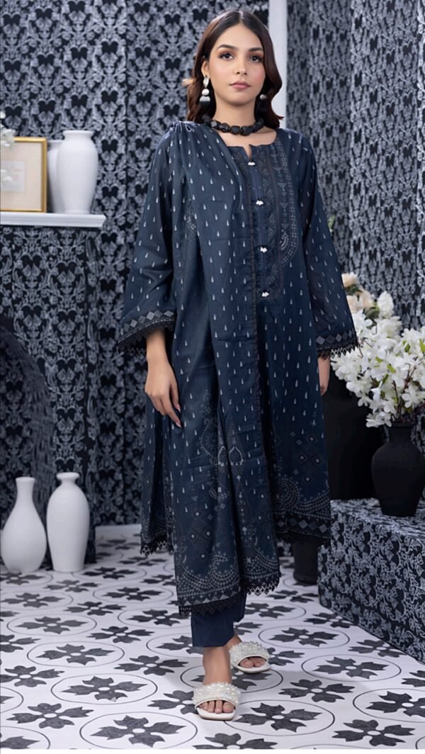 Dark Sea Green Pakistani Dresses with Printed Lawn Dupatta