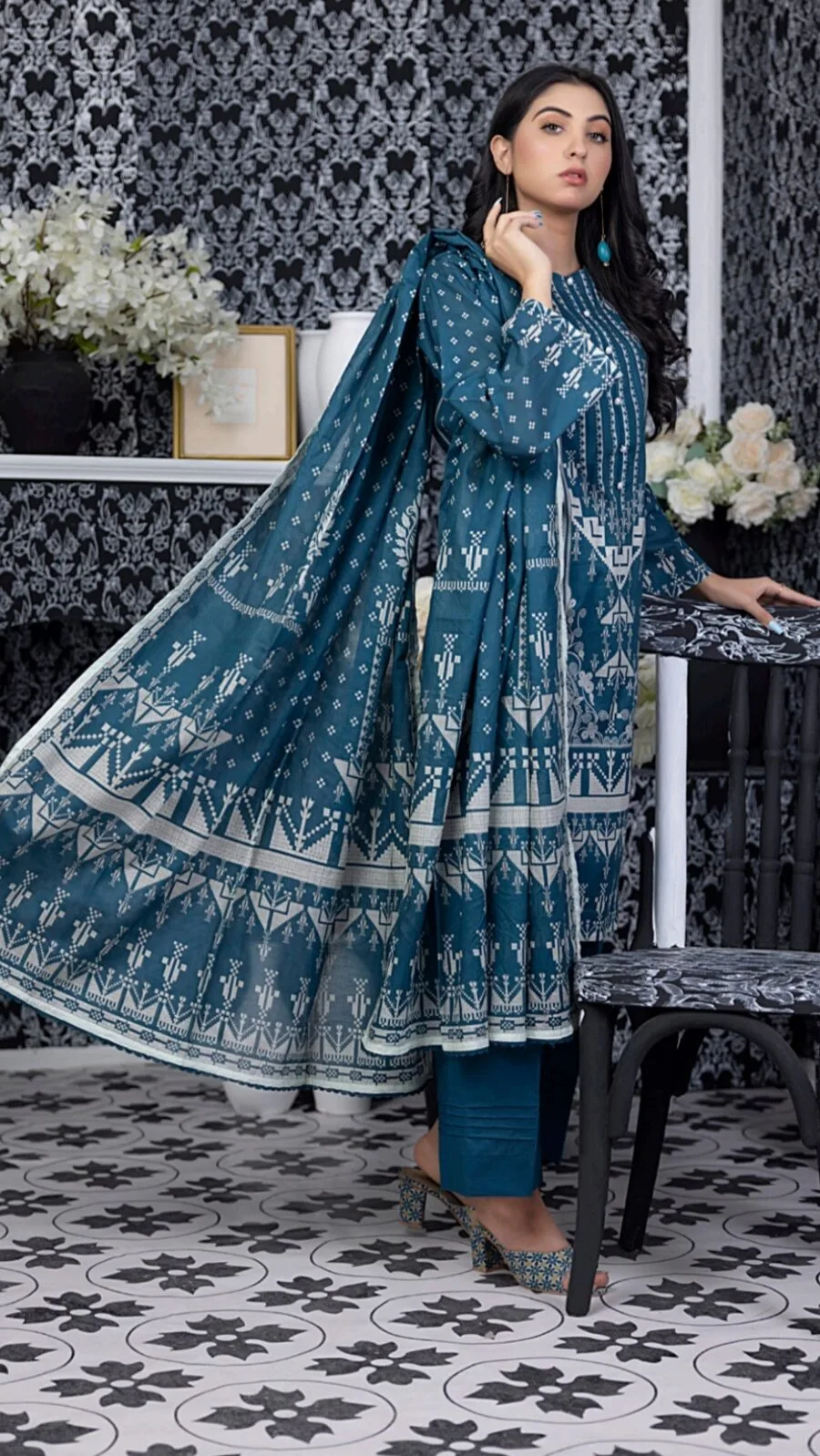 Sea Green Color Pakistani Salwar Suits with Printed Lawn Dupatta