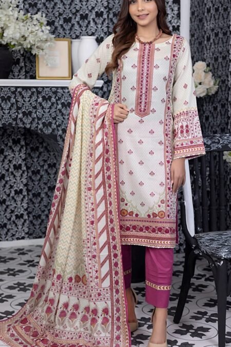 White Color Pakistani Salwar Kameez with Printed Lawn Dupatta