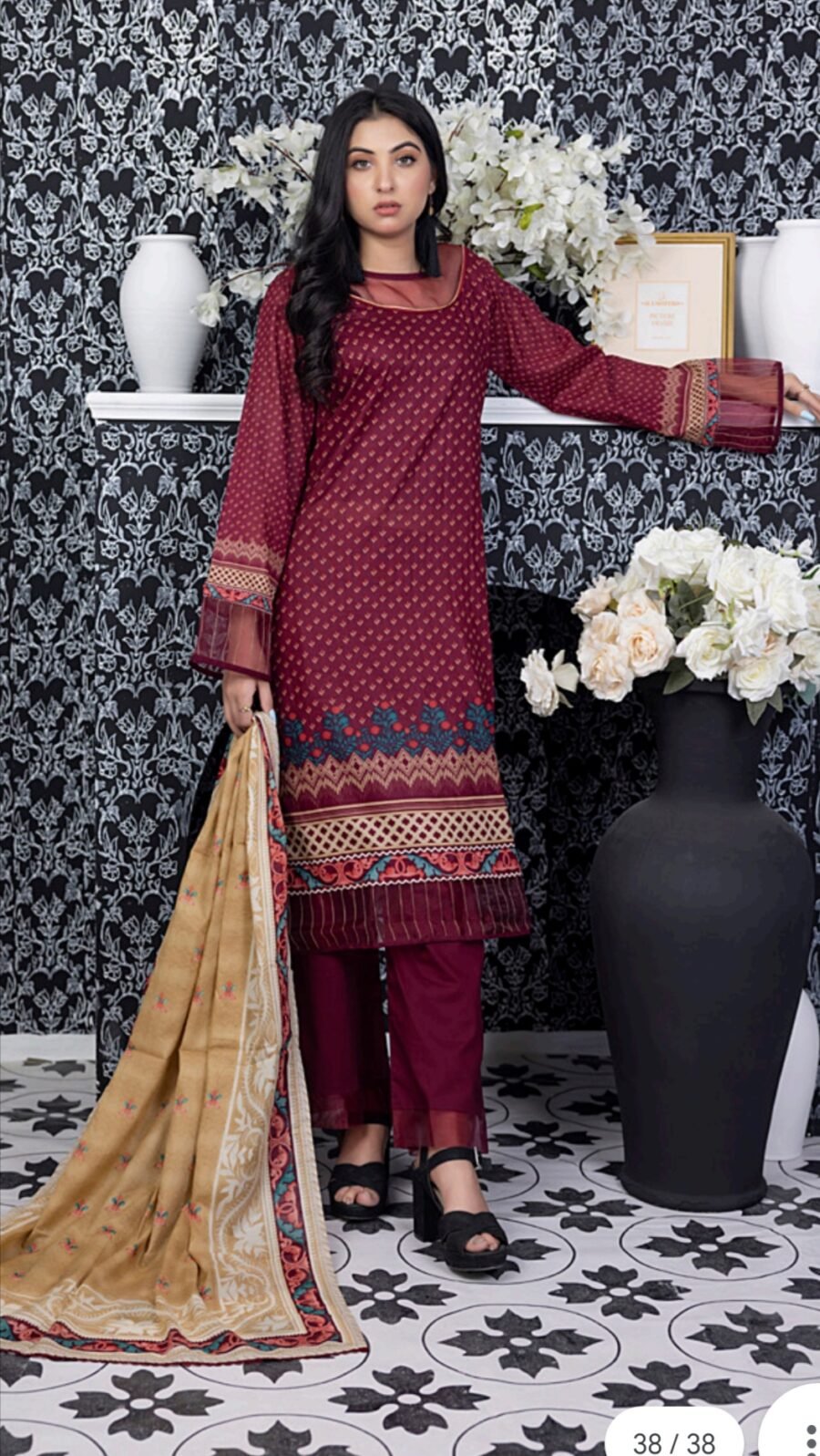 Maroon Color Pakistani Salwar Kameez with Printed Lawn Dupatta