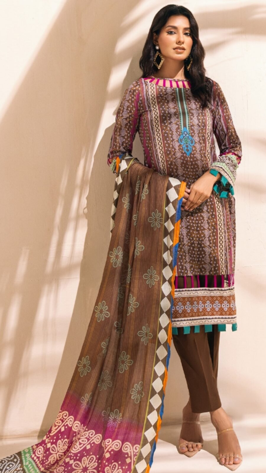 Brown Color Printed Lawn Pakistani Suit