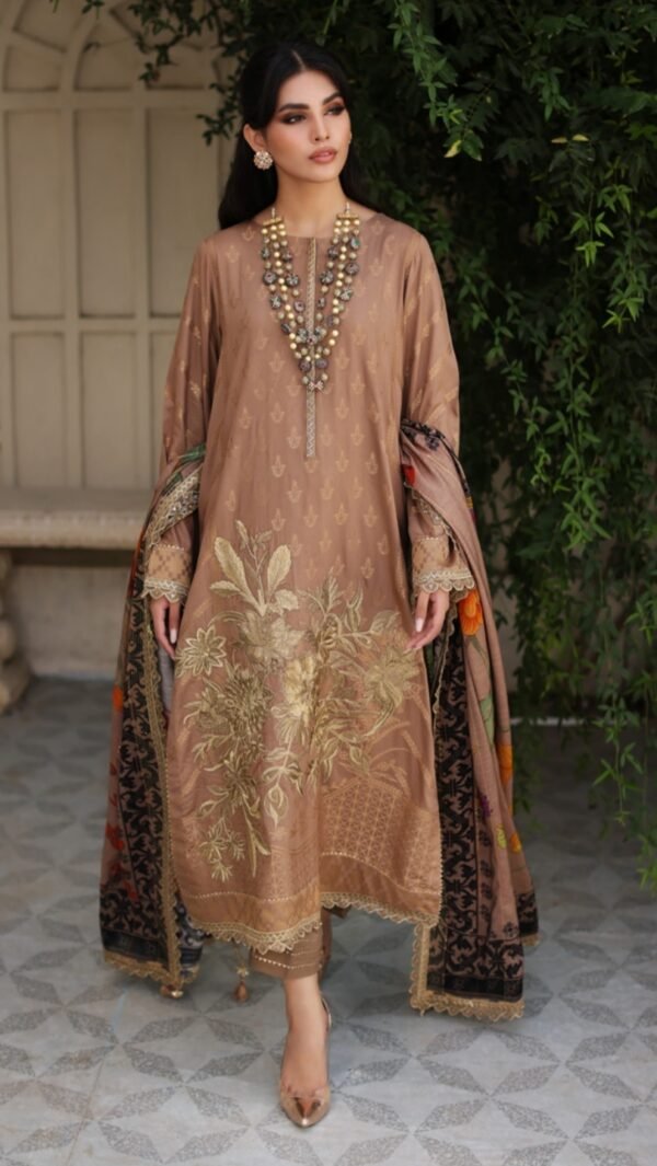 Brown Color Embroidered Jacquard Pakistani Suits