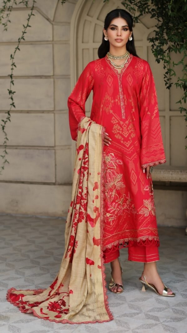 Carrot Color Embroidered Jacquard Pakistani Suits