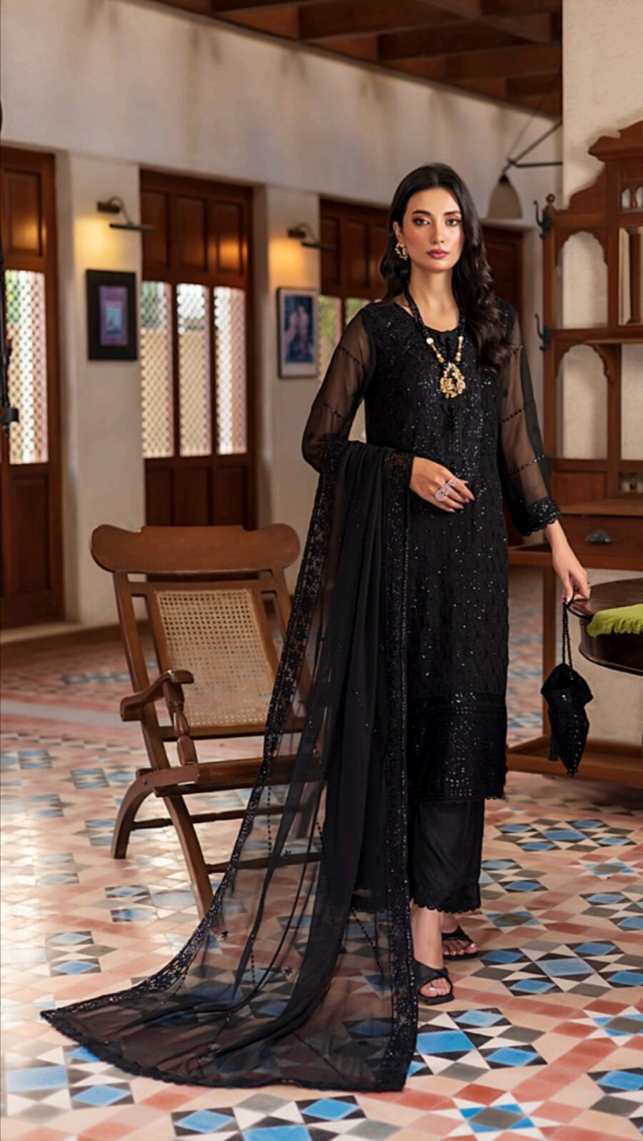 Black Color Stitched Chiffon Pakistani Wedding Suits