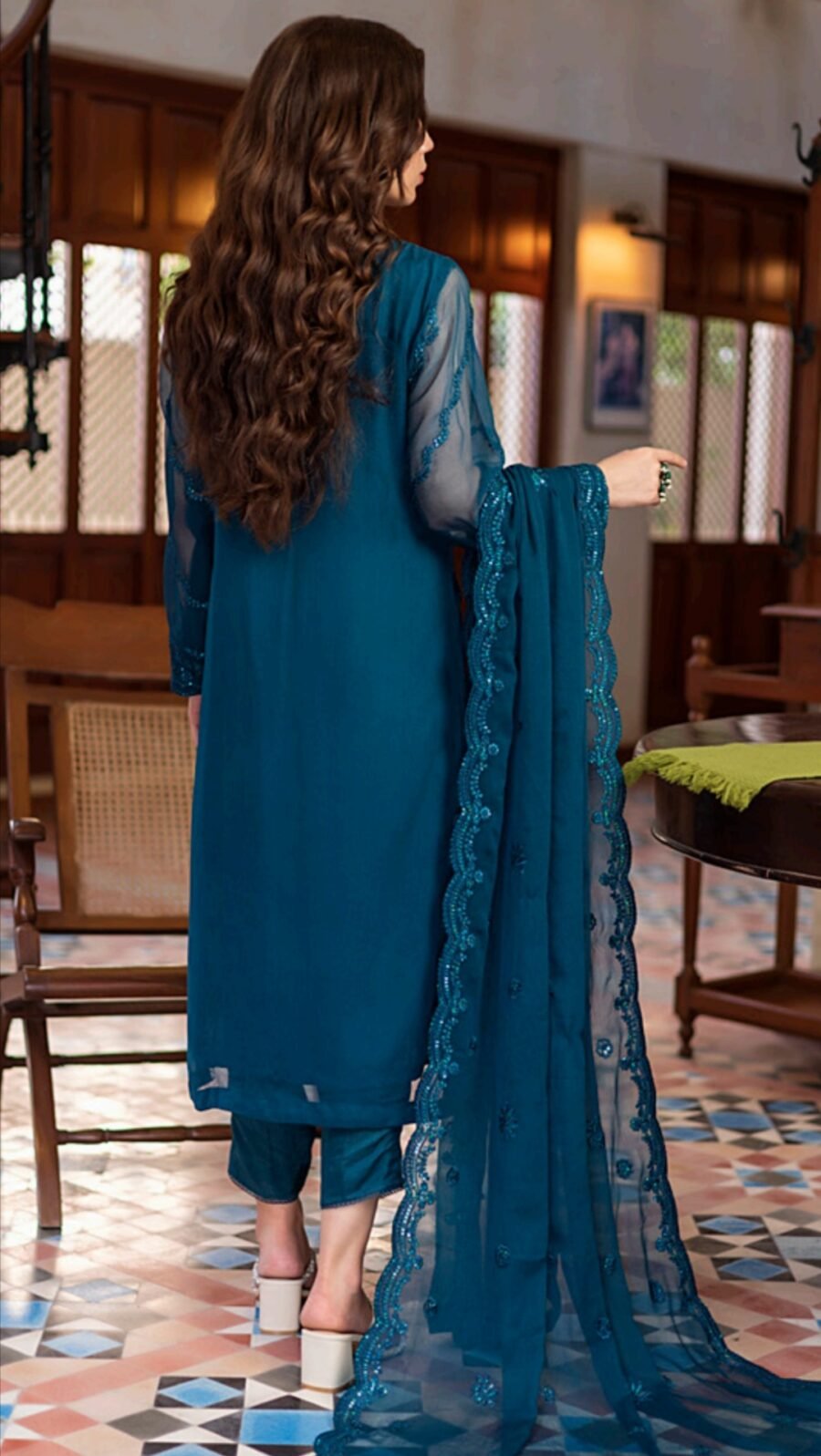 Cyan Color Stitched Chiffon Pakistani Wedding Suits