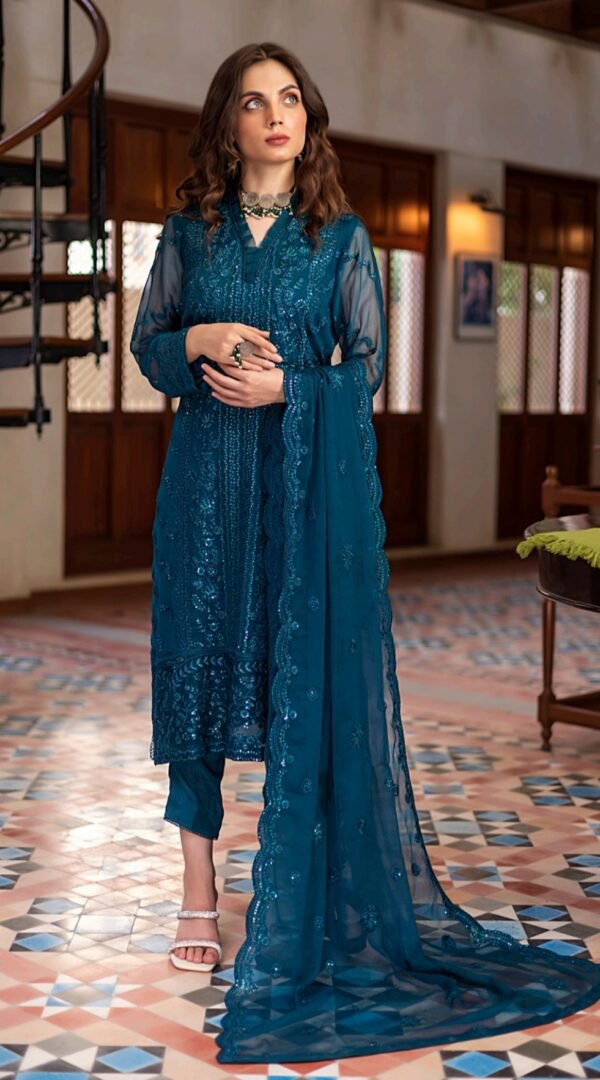 Cyan Color Stitched Chiffon Fancy Wedding Salwar Kameez