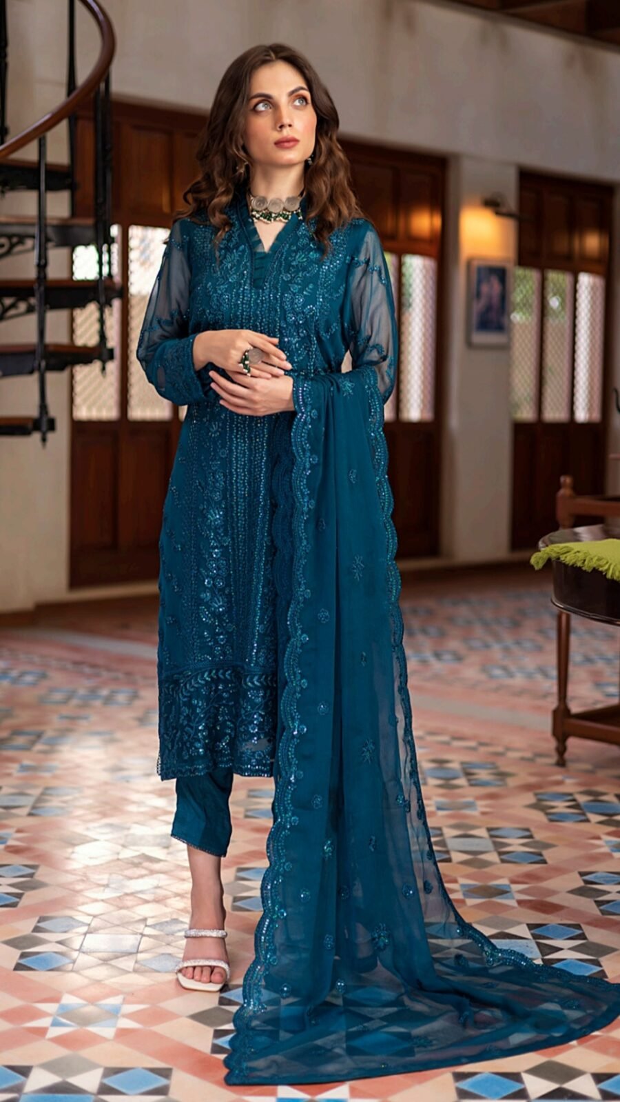 Cyan Color Stitched Chiffon Fancy Wedding Salwar Kameez