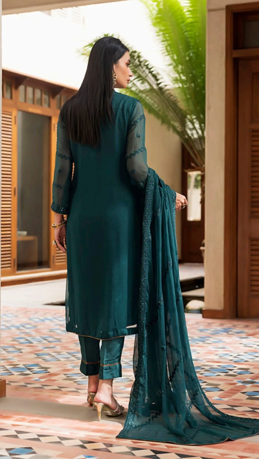 dark sea green Color Stitched Chiffon Fancy Wedding Salwar Kameez