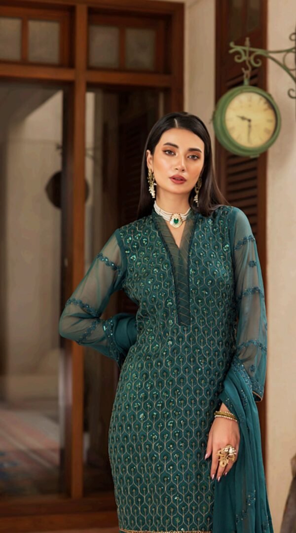 dark sea green Color Stitched Chiffon Pakistani Wedding Salwar Kameez