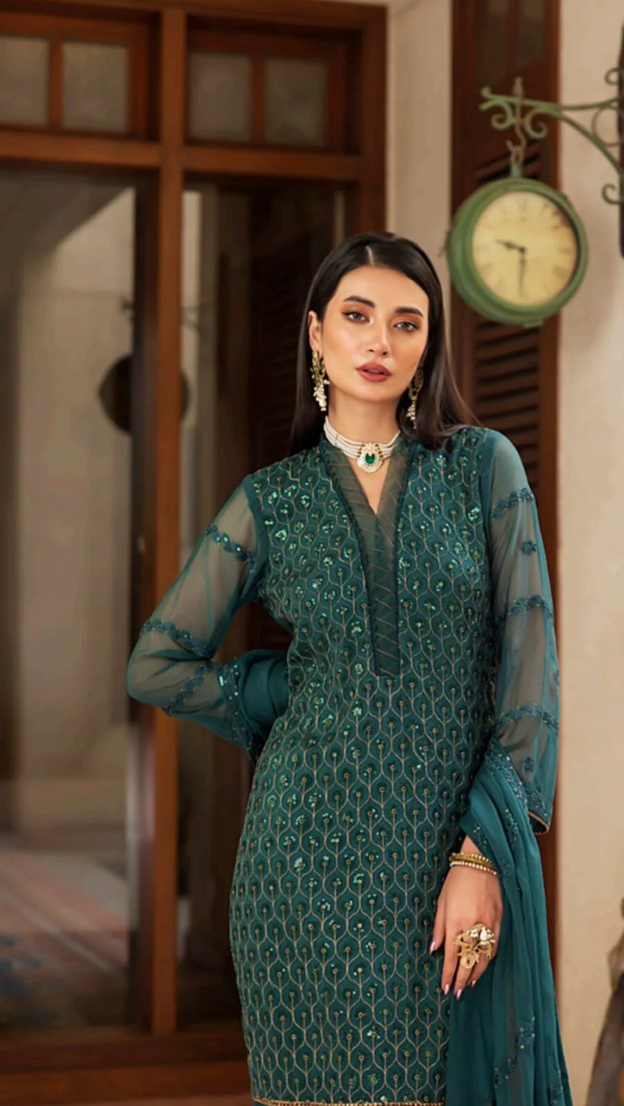dark sea green Color Stitched Chiffon Pakistani Wedding Salwar Kameez