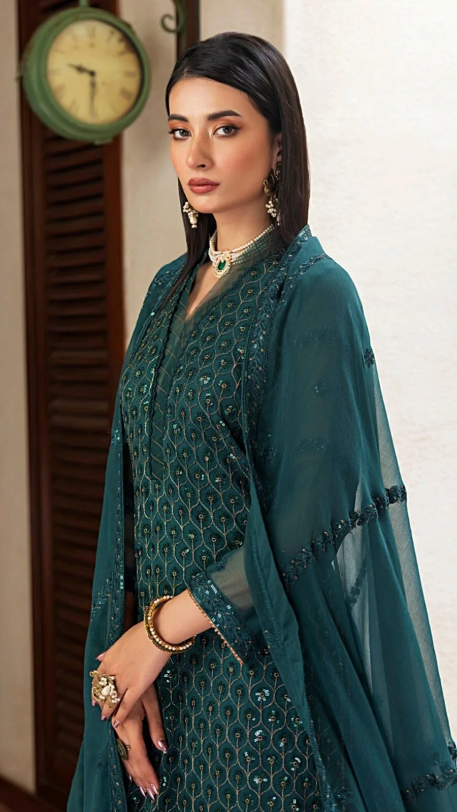 dark sea green Color Stitched Chiffon Pakistani Wedding Suits