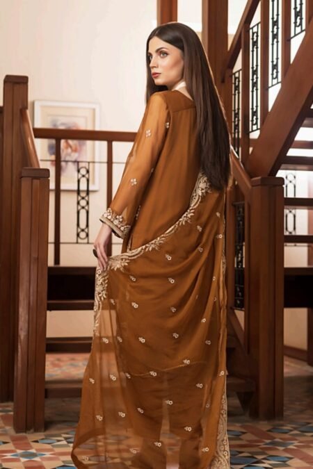 Golden Color Stitched Chiffon Pakistani fancy salwar kameez