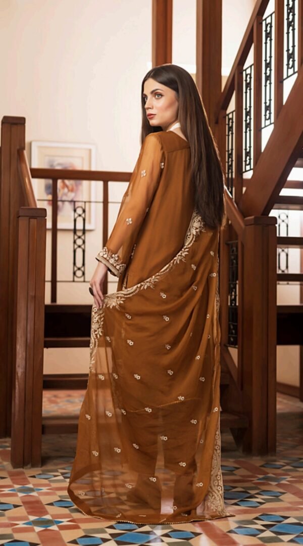 Golden Color Stitched Chiffon Pakistani fancy salwar kameez