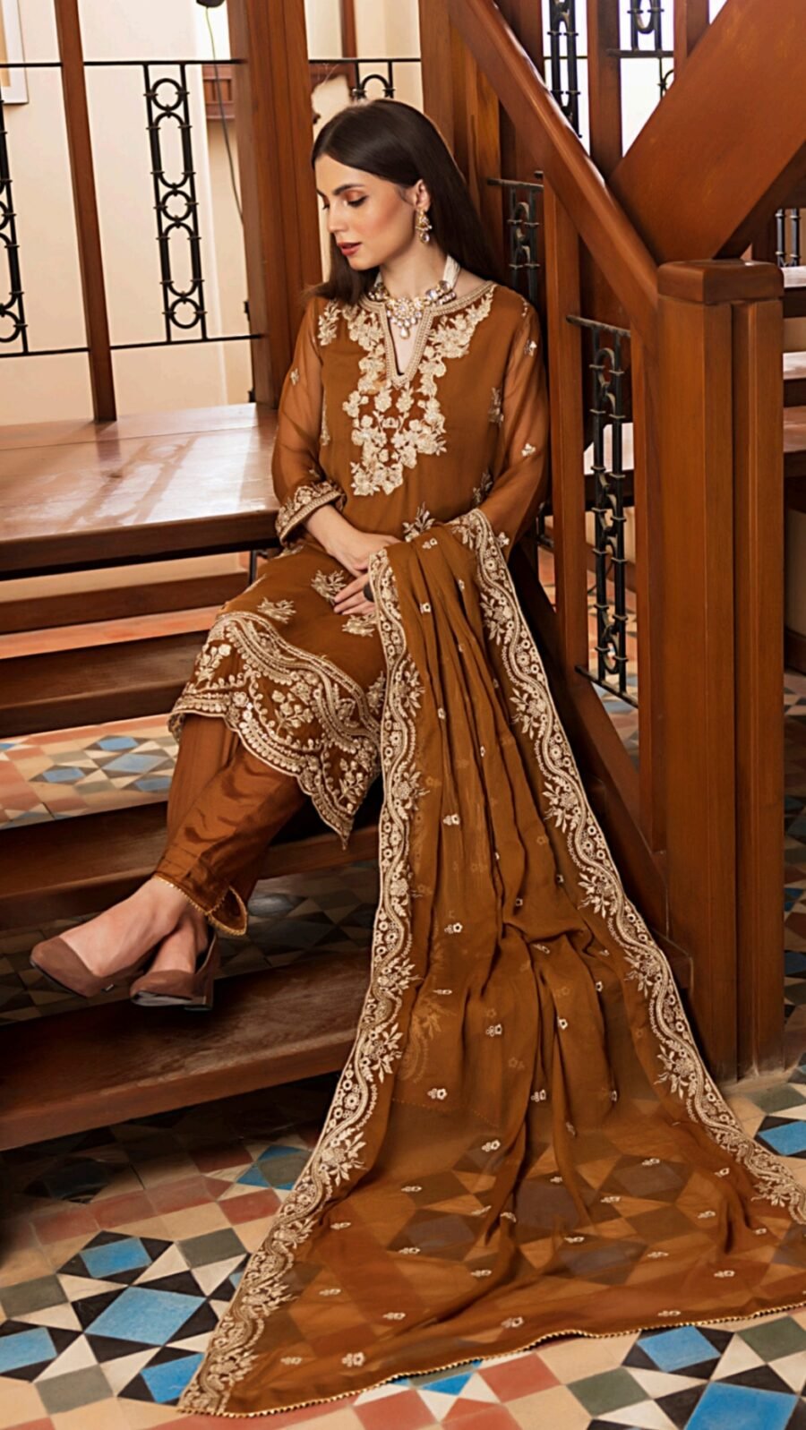 Golden Color Stitched Chiffon Pakistani salwar dupatta