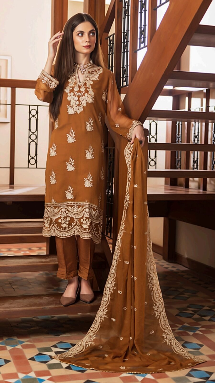 Golden Color Stitched Chiffon Pakistani salwar kameez