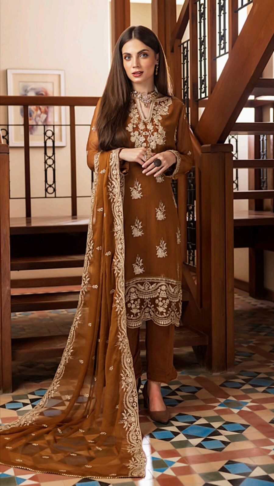 Golden Color Stitched Chiffon Pakistani Wedding Suits