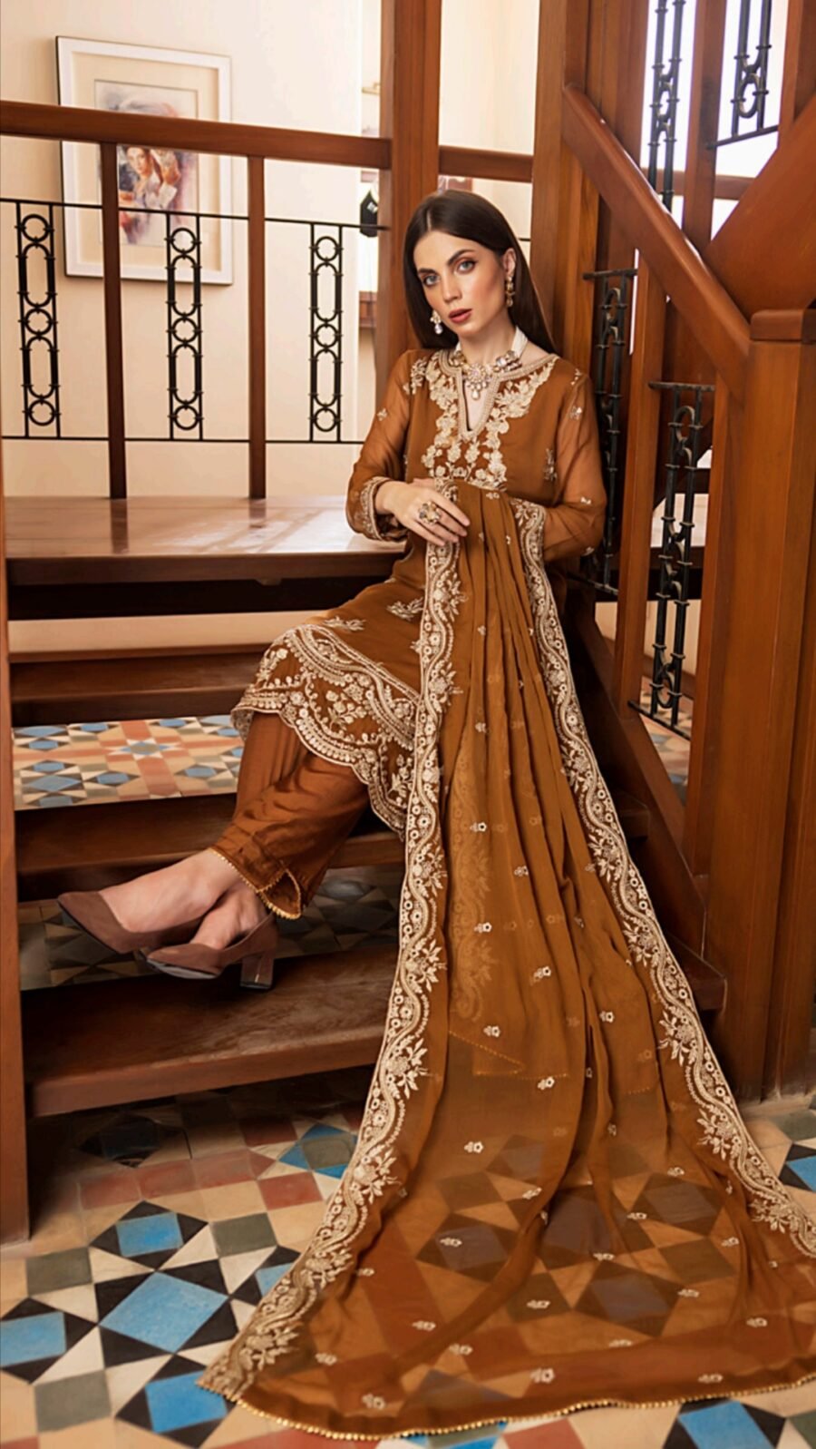 Golden Color Stitched Chiffon Pakistani Wedding Suits