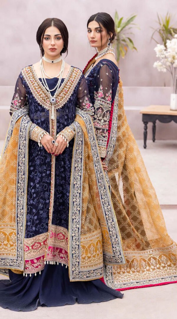 Navy Blue Color Chiffon Embroidered Sharara Suit for Wedding