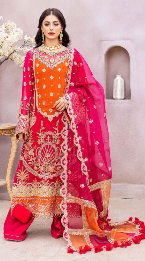 Orange & Cherry Color Chiffon Embroidered Sharara Suit for Wedding