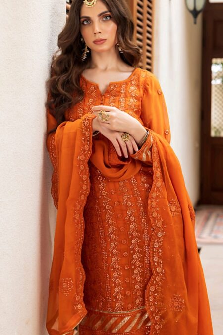 Orange Color Stitched Chiffon Pakistani dresses