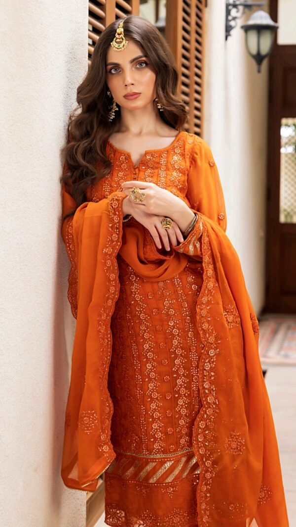 Orange Color Stitched Chiffon Pakistani dresses