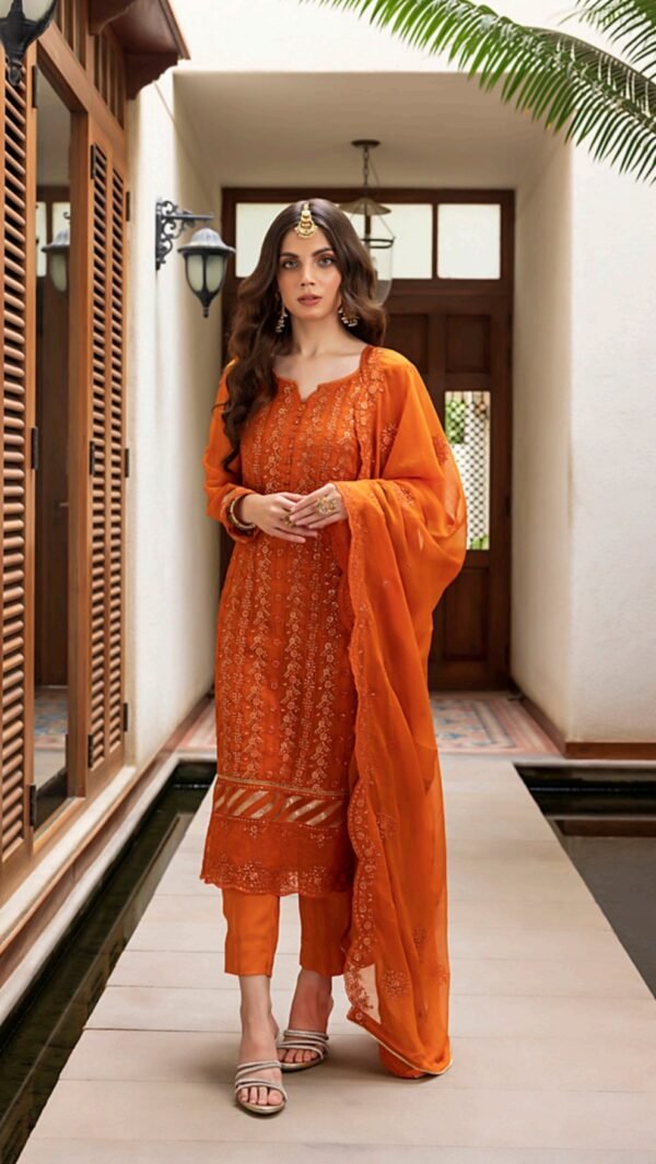 Orange Color Stitched Chiffon Pakistani suits