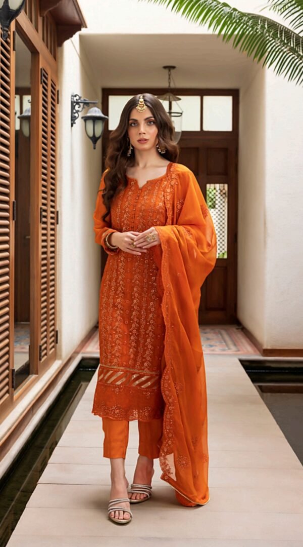 Orange Color Stitched Chiffon Pakistani suits