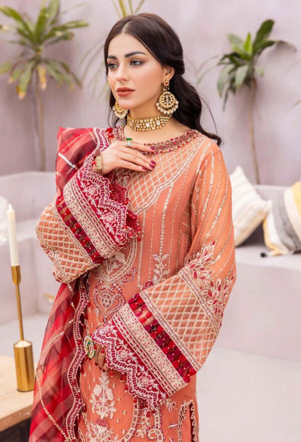 Peach & Red Color Chiffon Embroidered Fancy Wedding Salwar Kameez