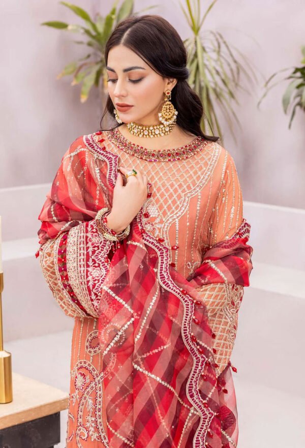 Peach & Red Color Chiffon Embroidered Pakistani Wedding Dresses