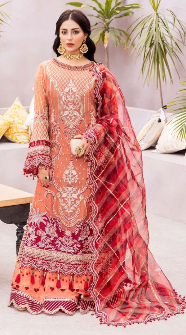 Peach & Red Color Chiffon Embroidered Sharara Suit for Wedding