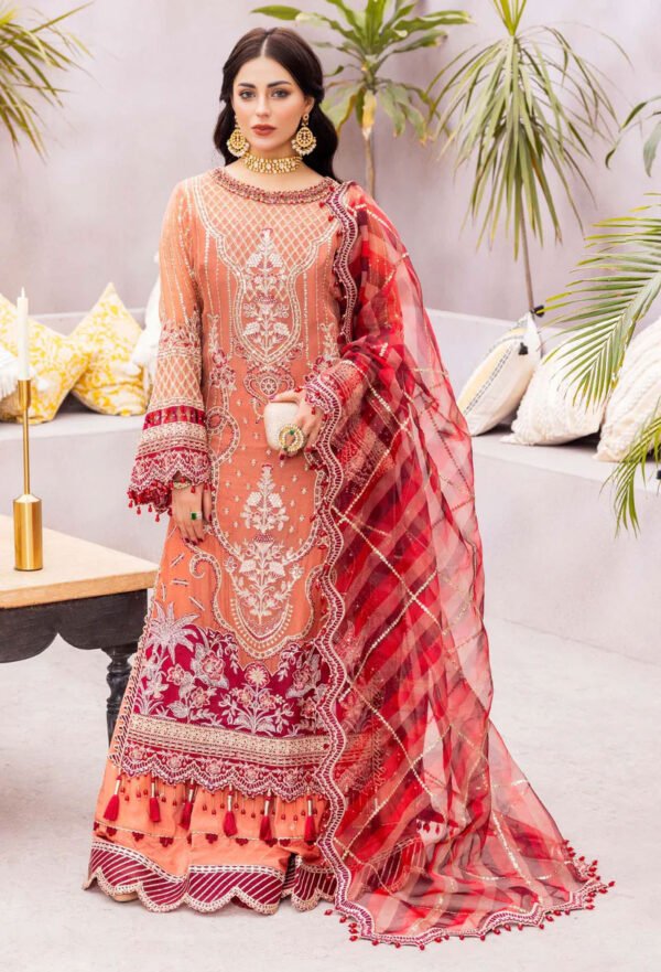 Peach & Red Color Chiffon Embroidered Sharara Suit for Wedding