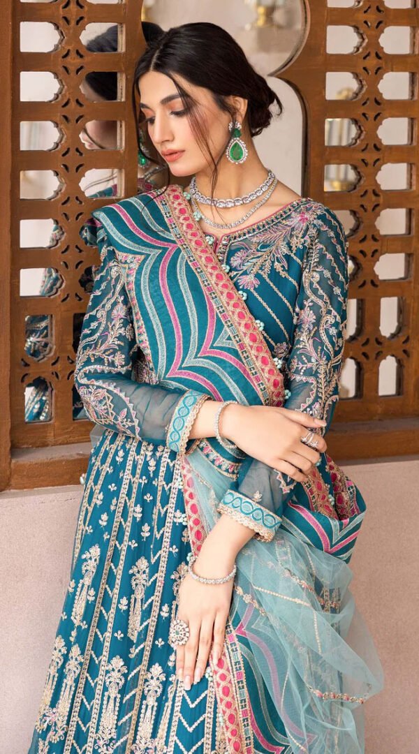 Peacock Blue Color Chiffon Embroidered Fancy Wedding Salwar Kameez