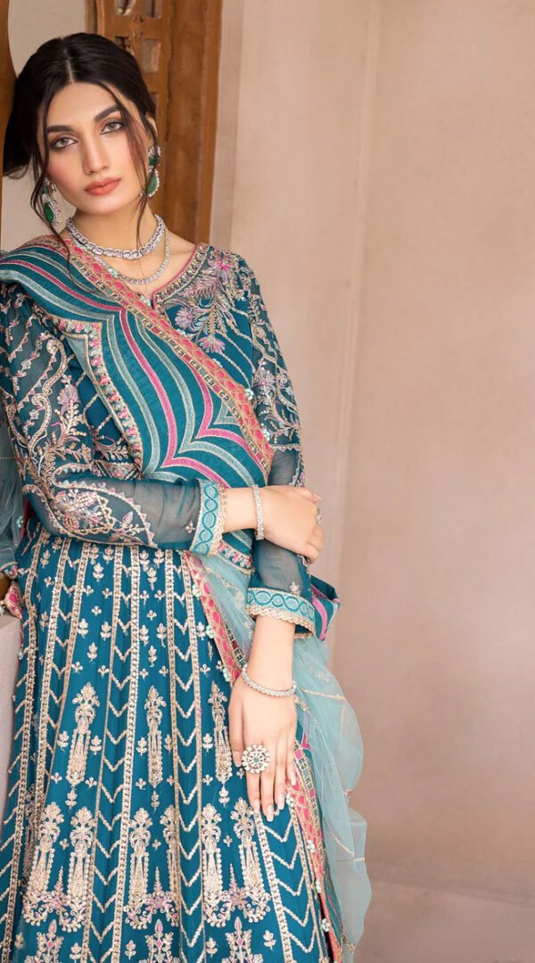 Peacock Blue Color Chiffon Embroidered Pakistani Wedding Dresses