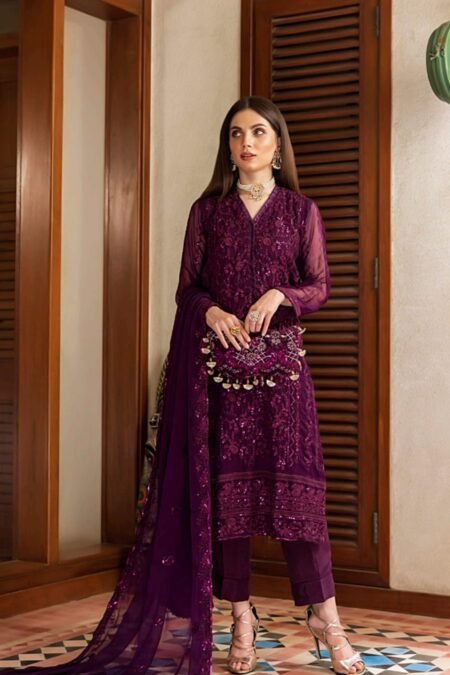 Purple color stitched chiffon pakistani dresses