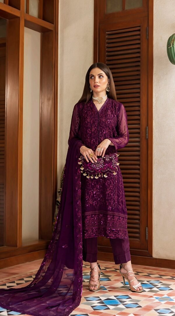 Purple color stitched chiffon pakistani dresses