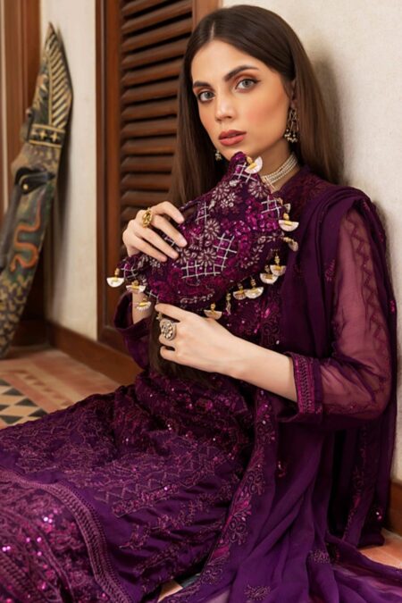 Purple color stitched chiffon pakistani salwar kameez